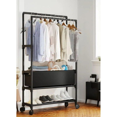 Сталева подвійна стійка для одягу та взуття на коліщатках чорного кольору 