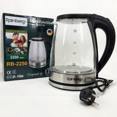 Електричний скляний чайник Rainberg RB-2250 з LED підсвічуванням 2200 Вт 1.8л, хороший електро чайник 