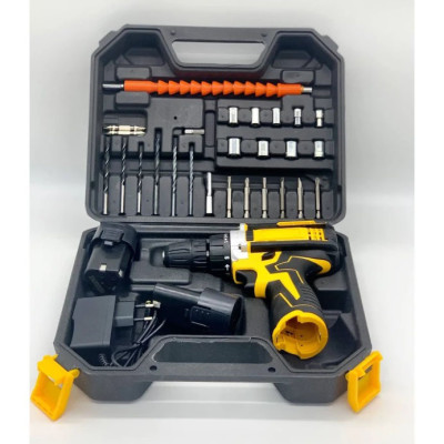 Акумуляторний шуруповерт з набором насадок і кейсом 12V жовтий 