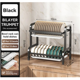 Сушарка для посуду двохрівнева чорного кольору з піддонами для води