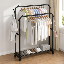 Подвійна стійка вішалка для одягу Double floor Hanger з полицею для взуття 143х110х42 Black Подвійна стійка вішалка для одягу Double floor Hanger з полицею для взуття 143х110х42 Black