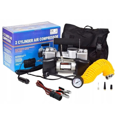 Автомобільний компресор двопоршневий 12V з манометром та насадками Автомобільний компресор двопоршневий 12V з манометром та насадками
