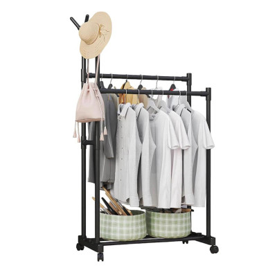 Сталева подвійна стійка для одягу та взуття на коліщатках чорна 